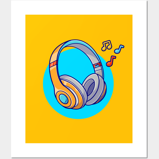 Headphone Listening Music With Tune and Note Music Cartoon Vector Icon Illustration Wall Art by Catalyst Labs